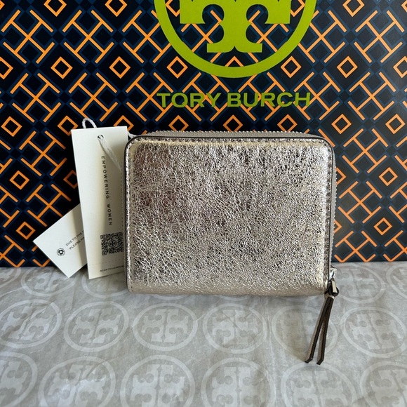Tory Burch Emerson Metallic Mini Wallet White Gold Silver - Picture 7 of 7